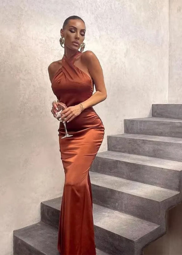 Robe cocktail longue terracotta
