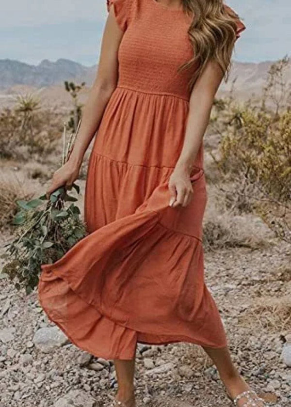 Robe longue plissée terracotta